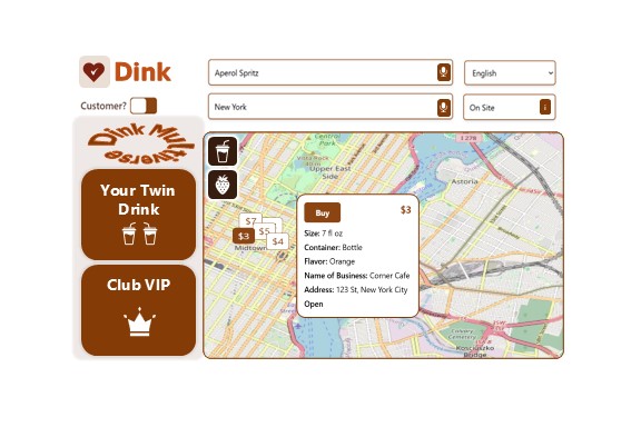 Diink app interface showing drink search and map