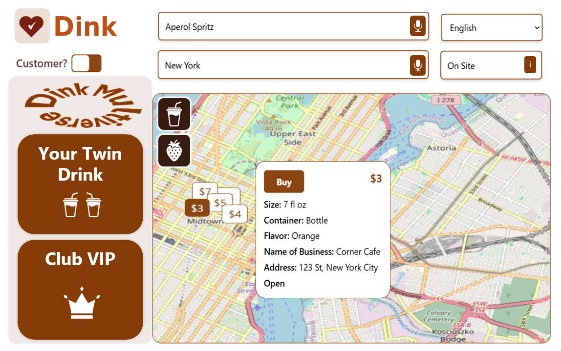 Dink App Interface showing drink search on map
